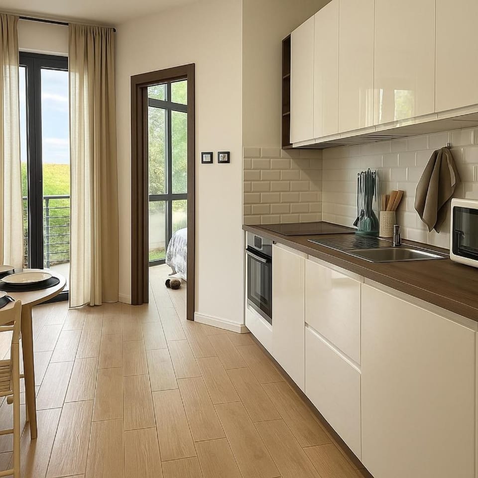 Kitchen or kitchenette, dishwasher, stove