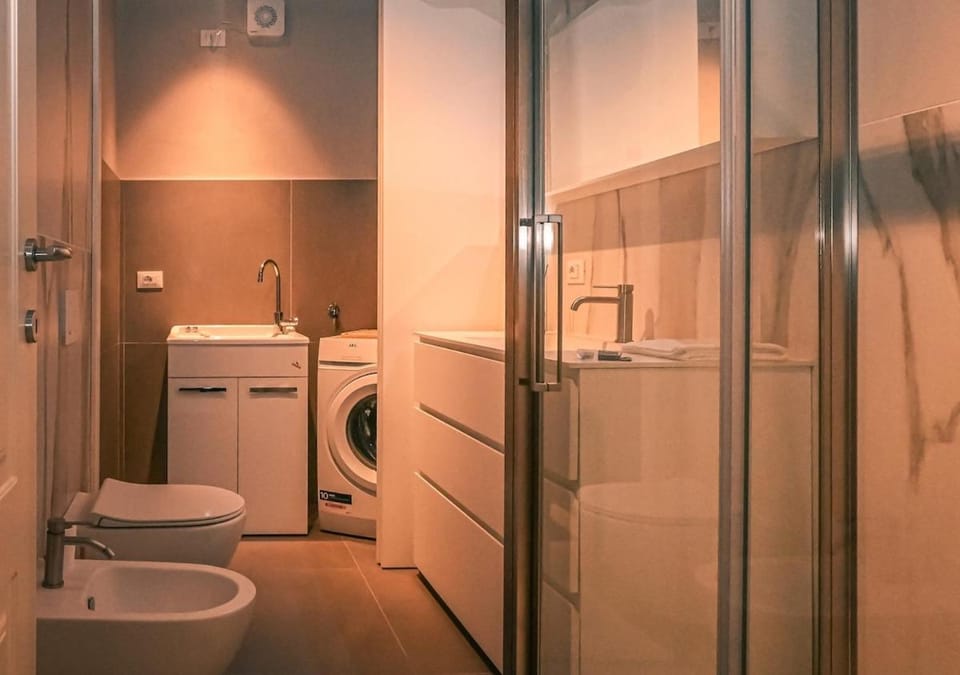 Shower, Toilet, Bathroom, bidet, towels, washing machine