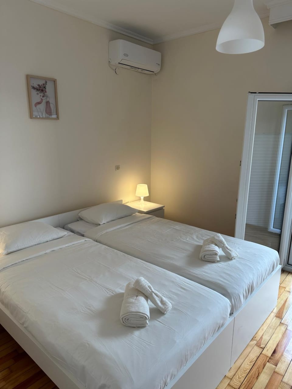 Bed, Photo of the whole room, Bedroom, towels, air conditioner