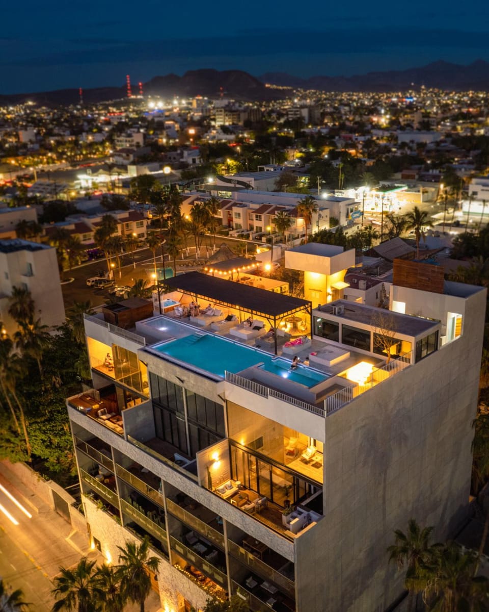 Property building, Night, Swimming pool