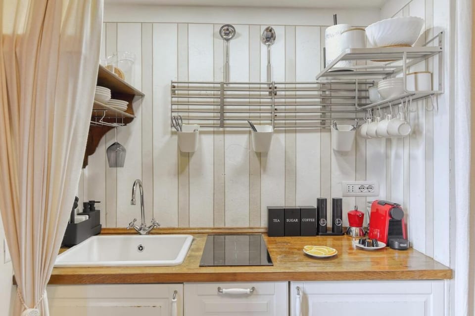 Kitchen or kitchenette, stove