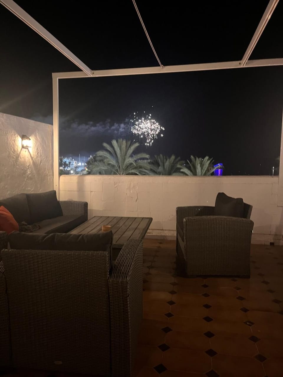 Patio, Night, Seating area