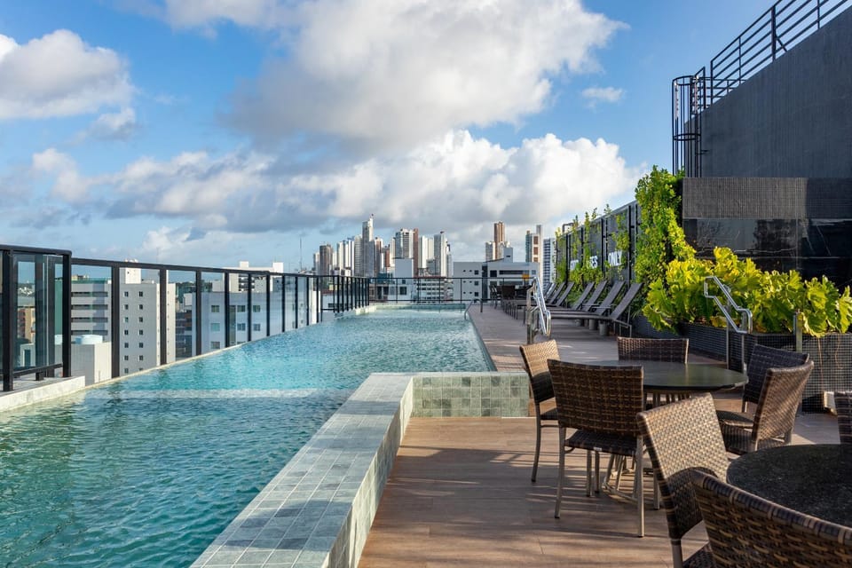 Property building, Day, View (from property/room), Balcony/Terrace, City view, Pool view, Swimming pool, sunbed