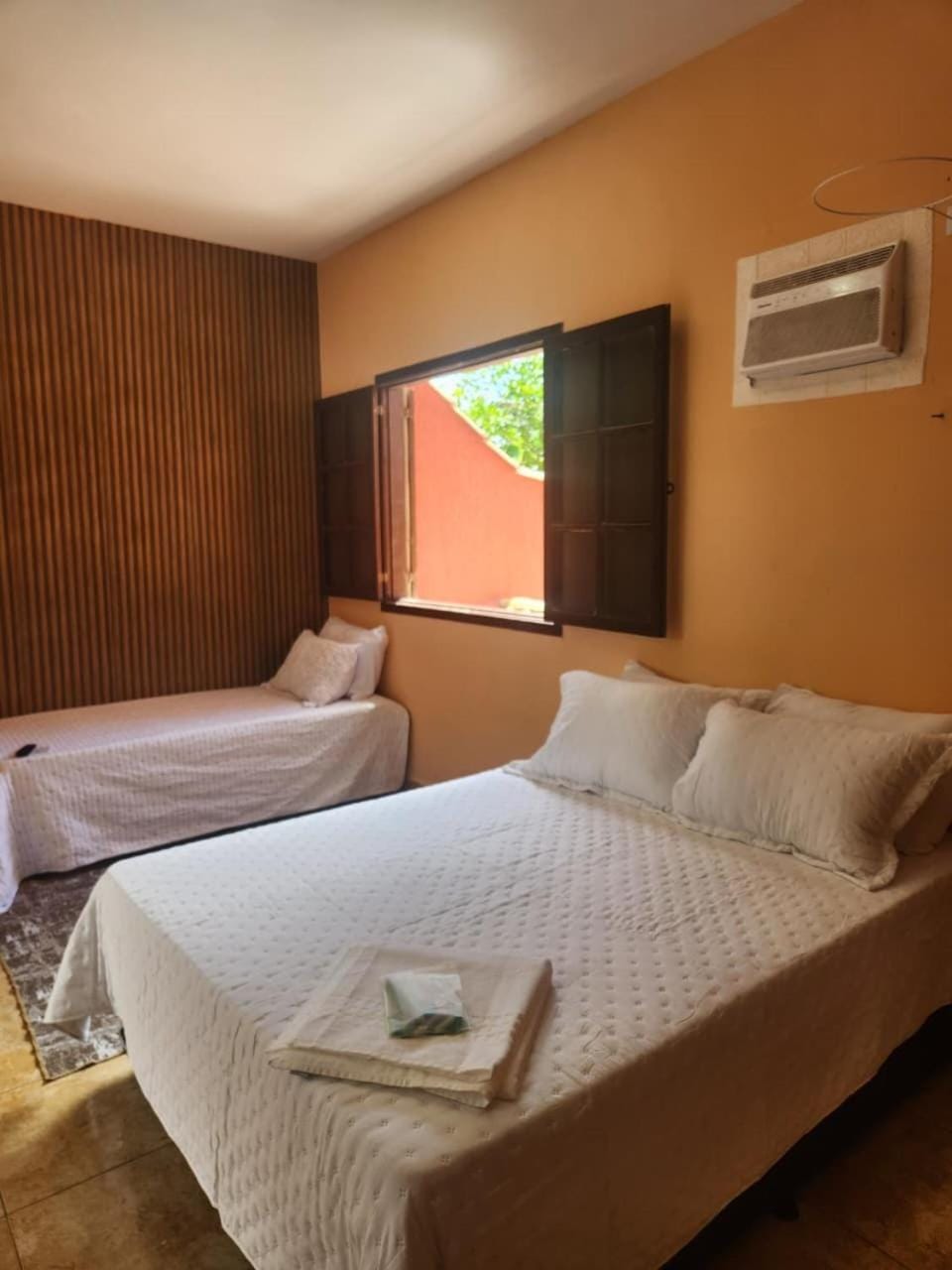 Bed, Photo of the whole room, Bedroom, towels, air conditioner