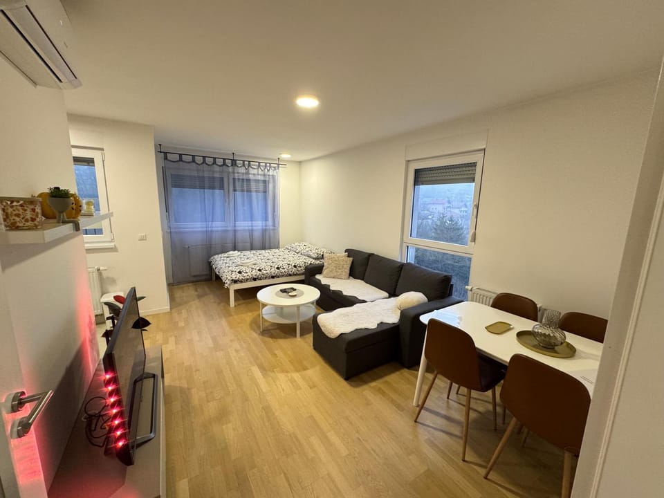 Bed, TV and multimedia, Living room, Photo of the whole room, Seating area, Dining area, Bedroom, towels, air conditioner, air conditioner