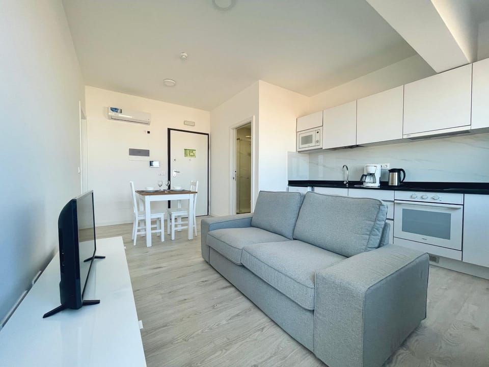 TV and multimedia, Kitchen or kitchenette, Living room, Seating area, Dining area, oven, air conditioner