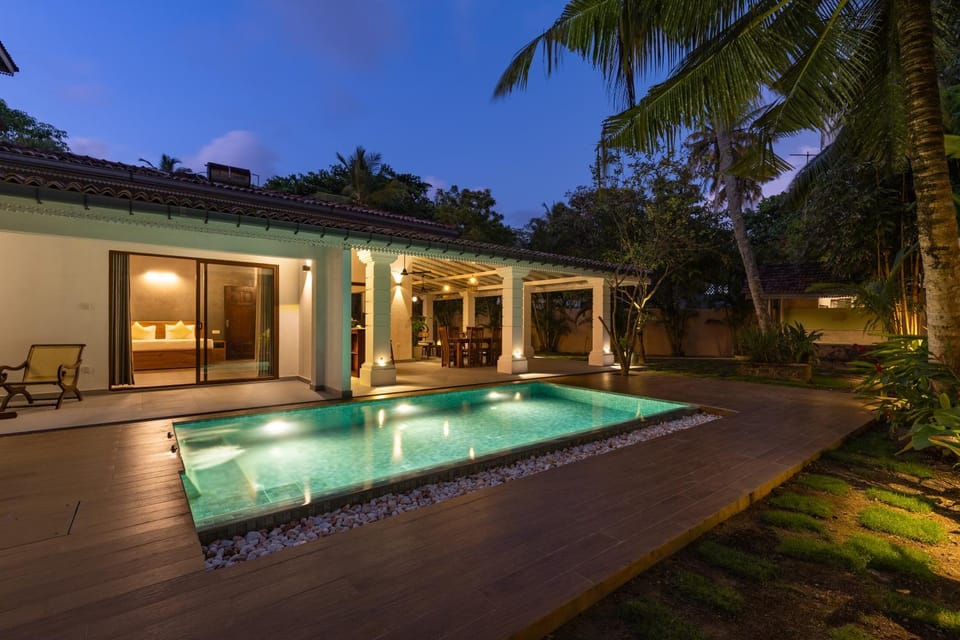 Property building, Patio, Night, Garden view, Pool view, Swimming pool