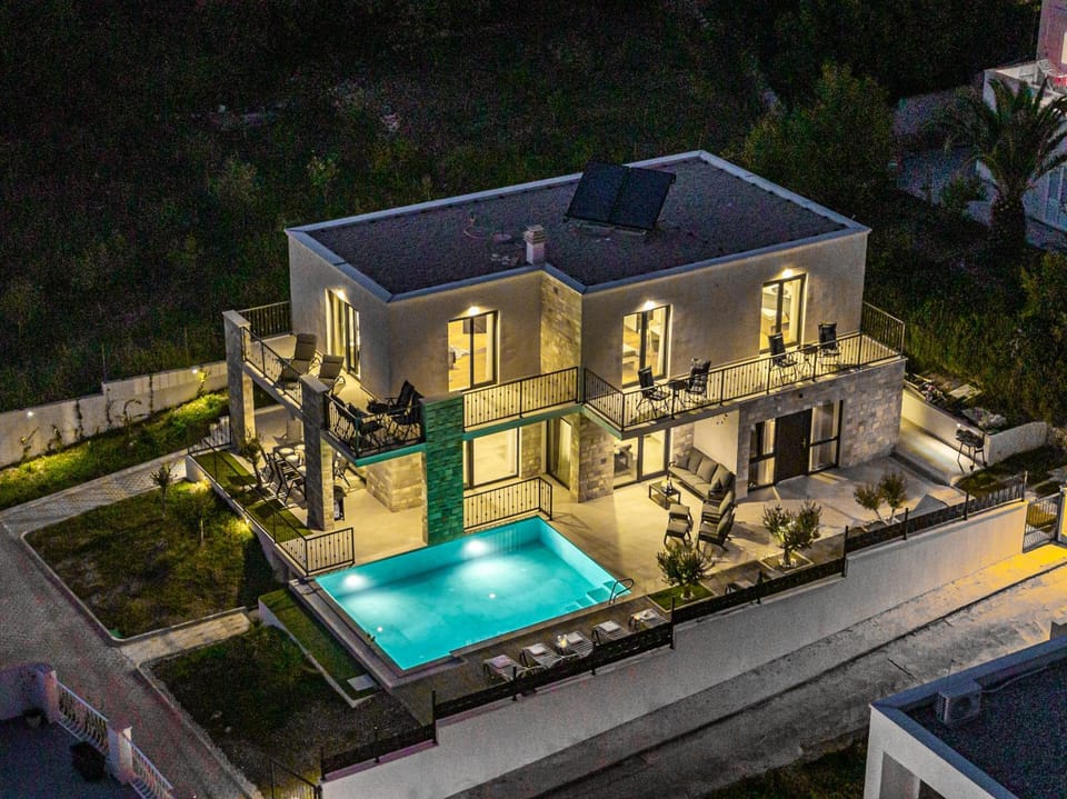 Property building, Patio, Night, Bird's eye view, Pool view, Swimming pool, sunbed