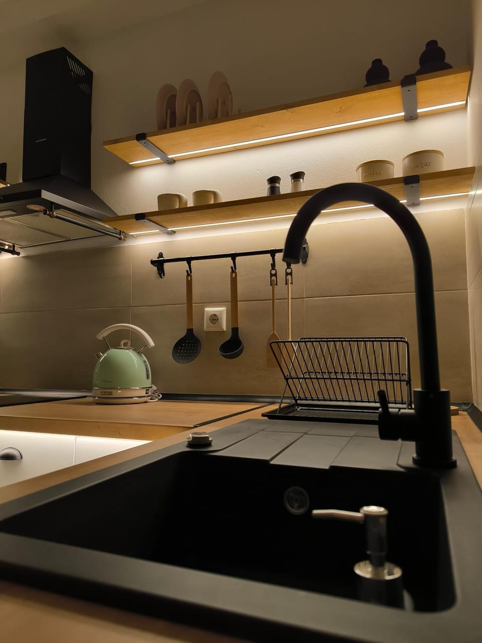 Kitchen or kitchenette, stove