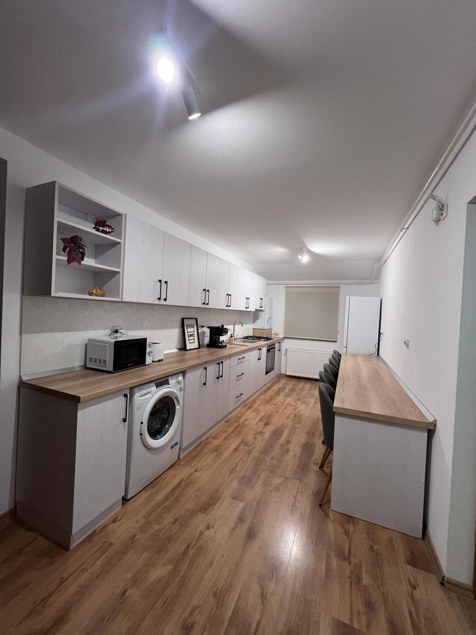 Kitchen or kitchenette, oven, stove, toaster, washing machine