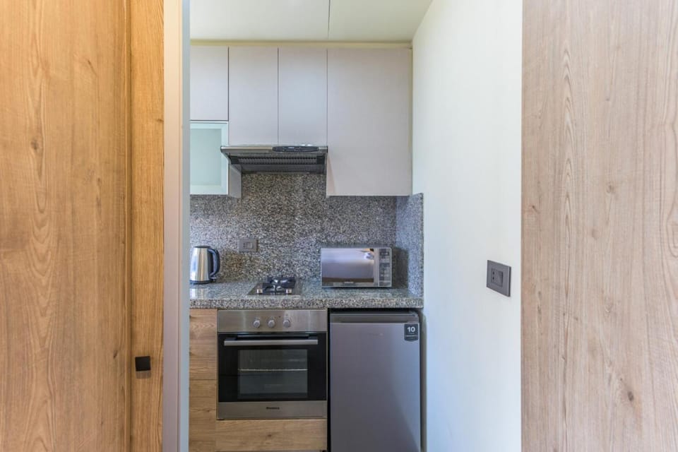 Kitchen or kitchenette, microwave, minibar, oven, stove