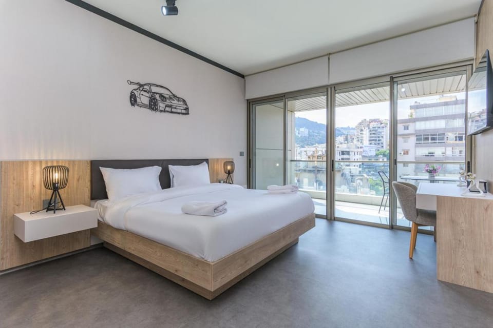 Bed, City view, towels