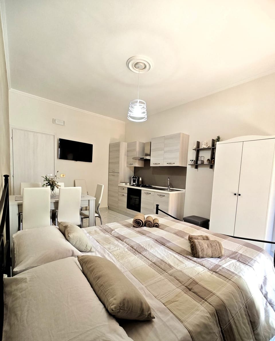 Bed, TV and multimedia, Coffee/tea facilities, Kitchen or kitchenette, Photo of the whole room, Dining area, Bedroom, heating, oven, stove, wardrobe, kitchen, air conditioner