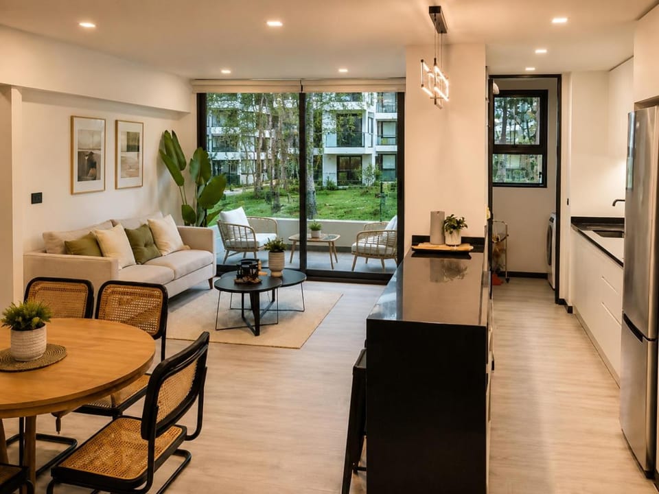 Kitchen or kitchenette, Living room, Seating area, Garden view