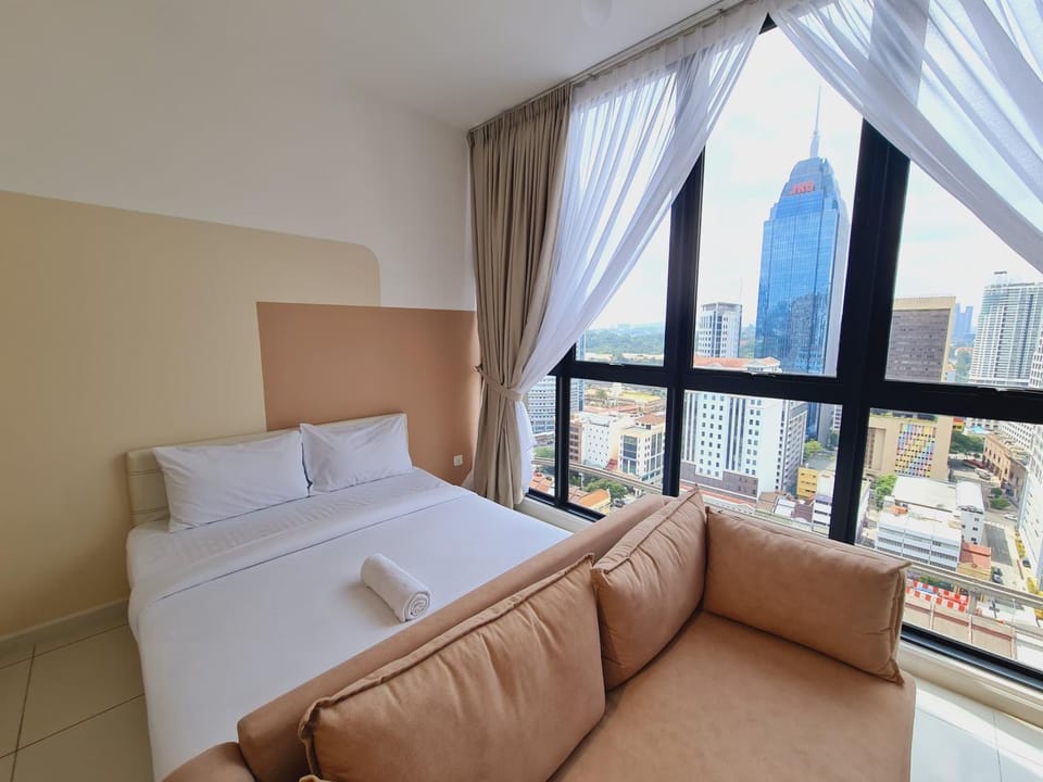 Bed, Living room, Seating area, City view