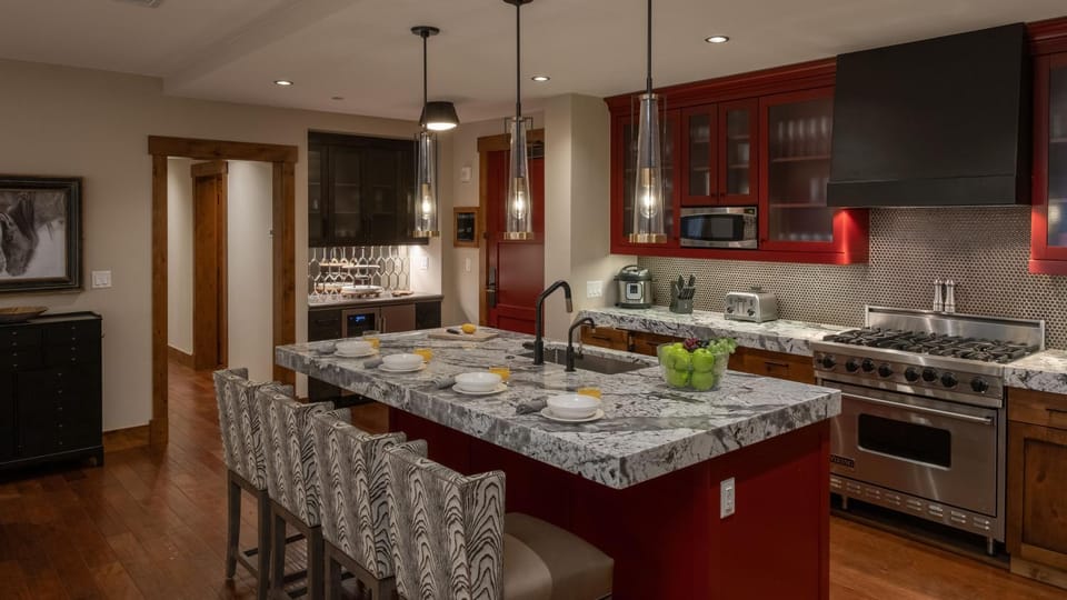 Seating area, microwave, storage, stove, toaster