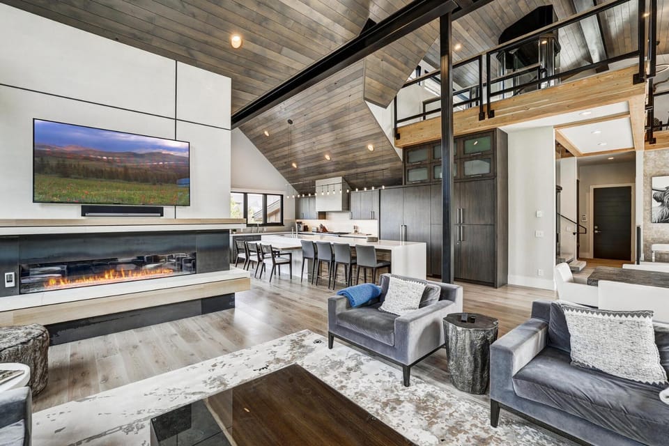 TV and multimedia, Seating area, fireplace, storage, kitchen