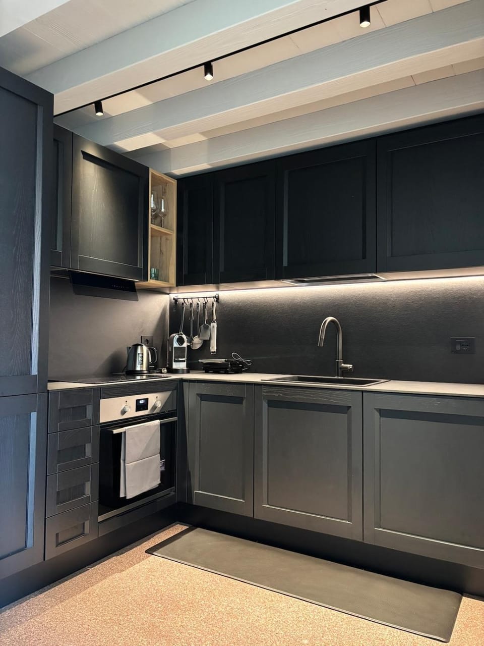 Kitchen or kitchenette, dishwasher, stove