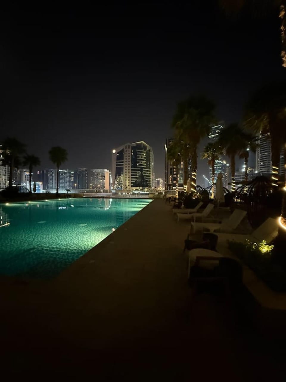 Property building, Night, City view, Pool view, Swimming pool