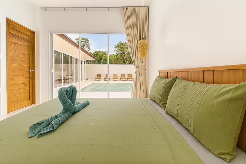 Bedroom, Pool view, towels, air conditioner