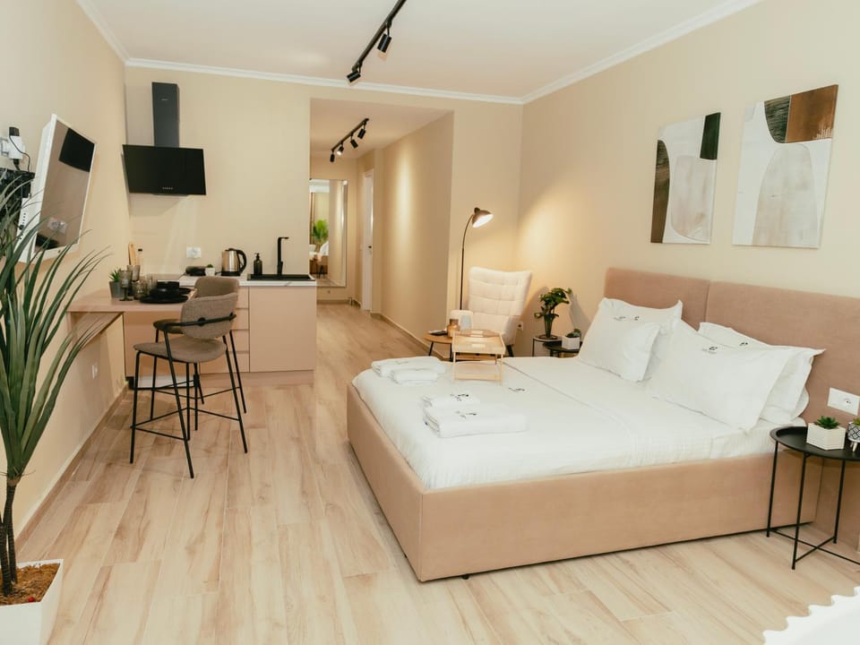 Bed, TV and multimedia, Kitchen or kitchenette, Living room, Photo of the whole room, Seating area, Bedroom