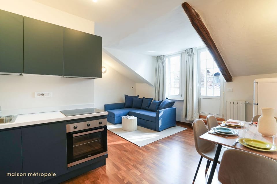 Kitchen or kitchenette, Living room, Seating area, Dining area, stove