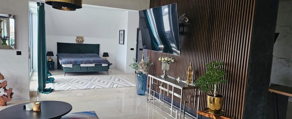 Bed, TV and multimedia, Living room, Seating area, Evening entertainment, Bedroom
