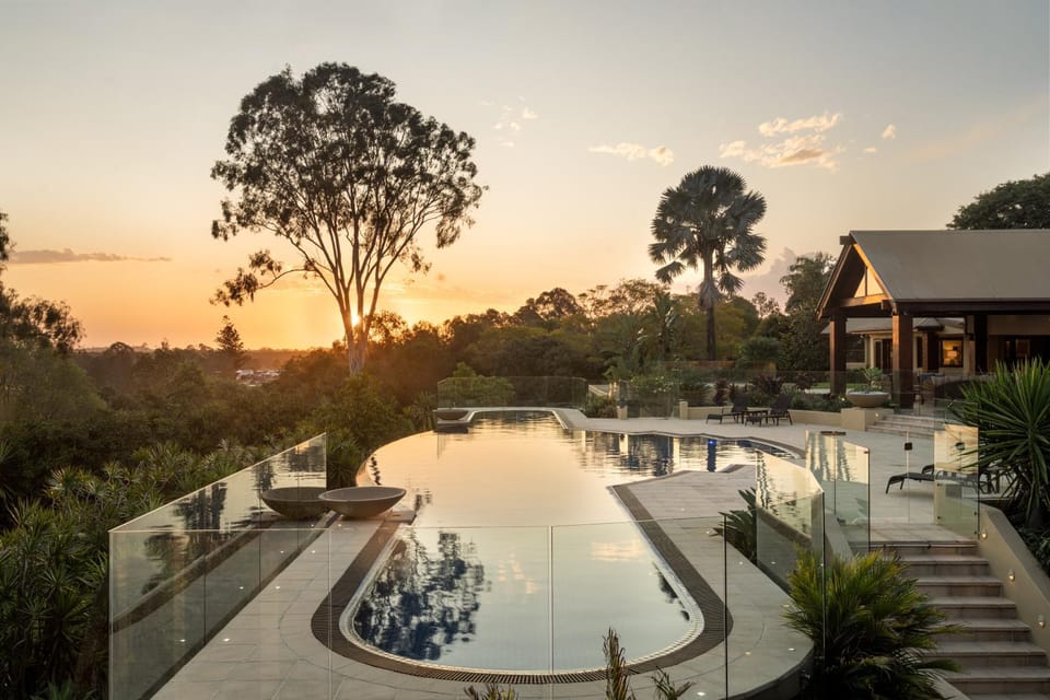Natural landscape, Garden, Garden view, Pool view, Swimming pool, Sunset