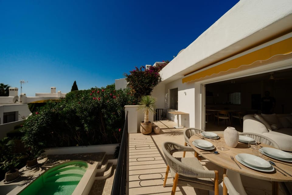 Patio, Day, View (from property/room), Balcony/Terrace, Balcony/Terrace, Living room, Seating area, Dining area, Pool view, Swimming pool
