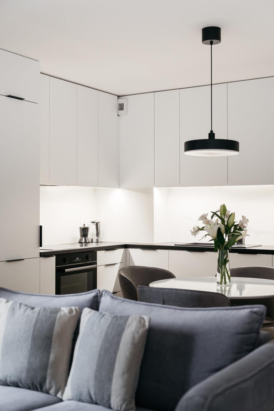Kitchen or kitchenette, Living room, Seating area, Dining area