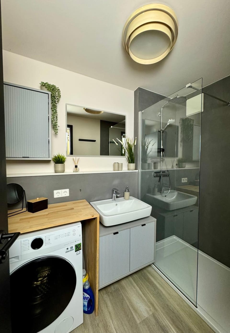 Shower, Bathroom, hair dryier, storage, towels, washing machine, dryer