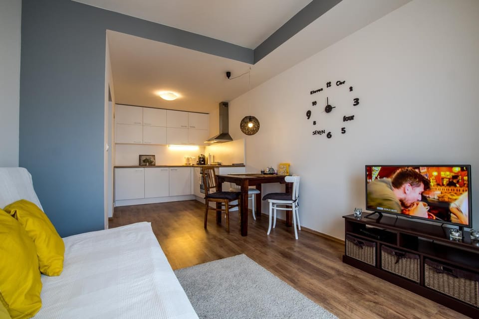 Bed, TV and multimedia, Kitchen or kitchenette, Living room, Photo of the whole room, Seating area, Dining area, Bedroom
