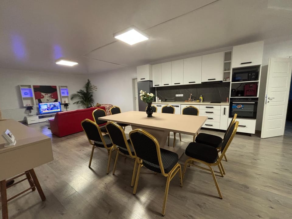 Kitchen or kitchenette, Living room, Seating area, Dining area
