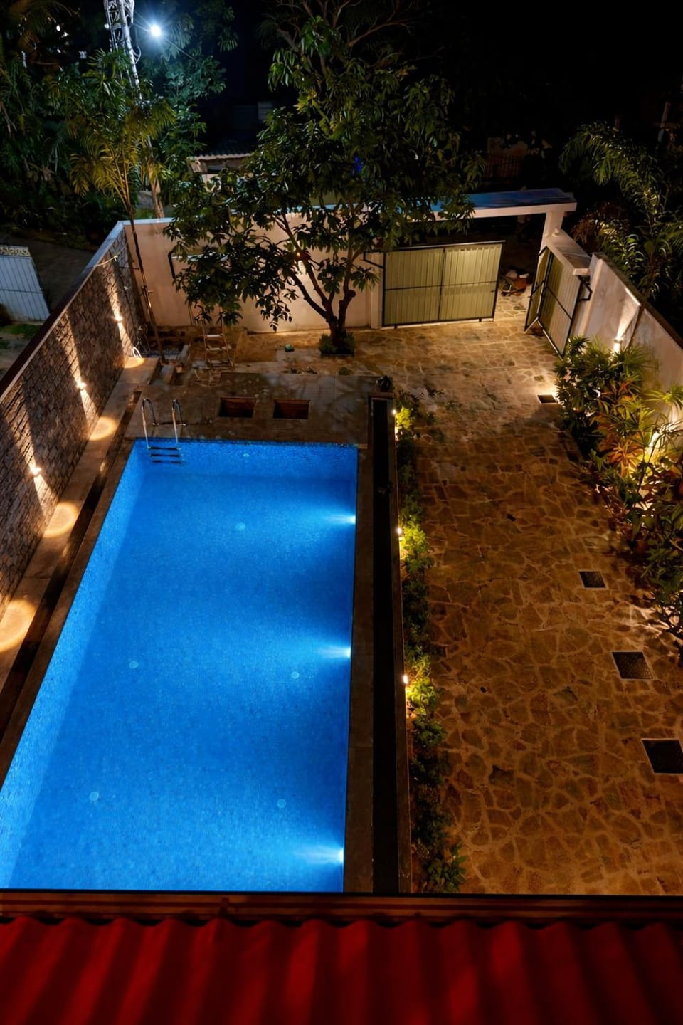 Property building, Patio, Night, Garden, Garden view, Pool view, Swimming pool