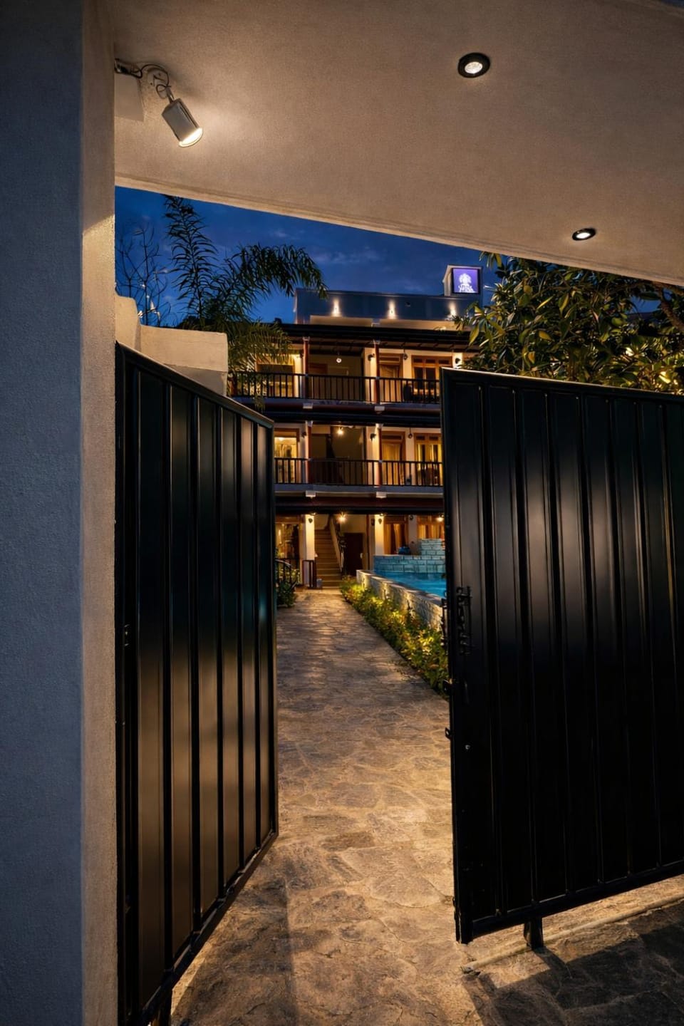 Property building, Night, Pool view, Swimming pool