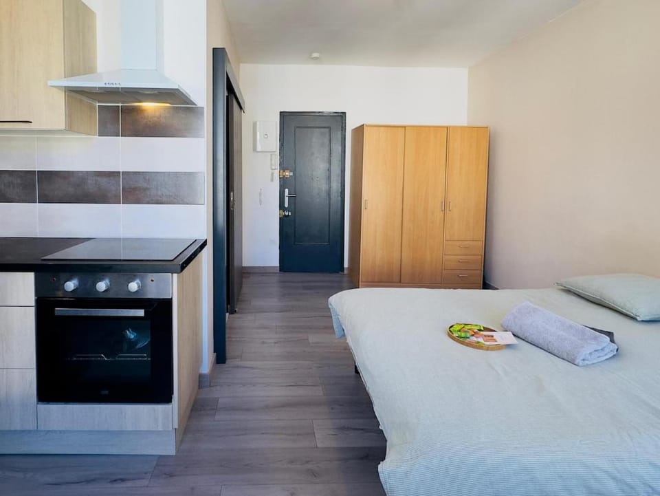 Bed, Kitchen or kitchenette, Photo of the whole room, Bedroom, stove, towels, wardrobe