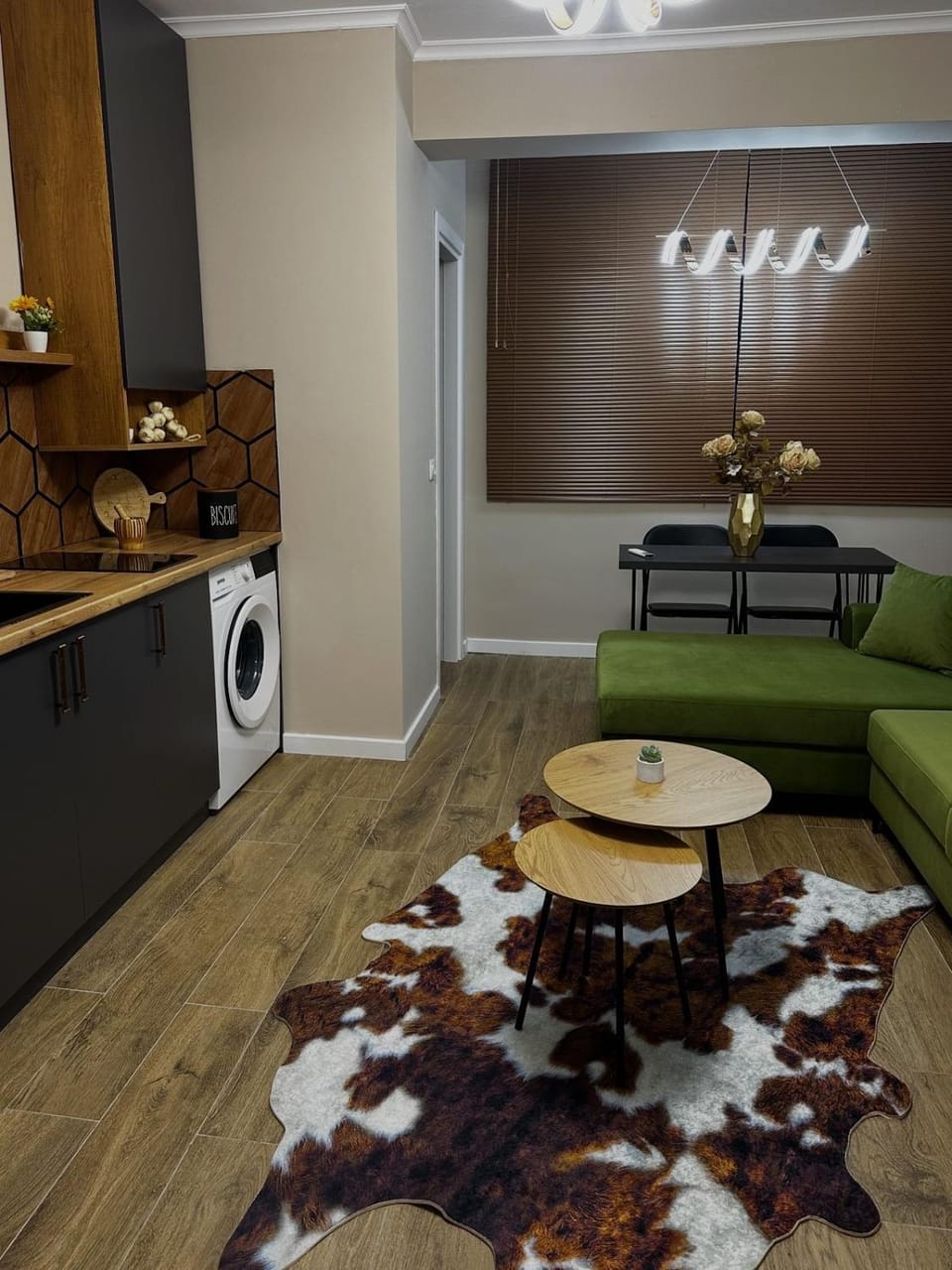 Kitchen or kitchenette, Living room, Seating area, washing machine