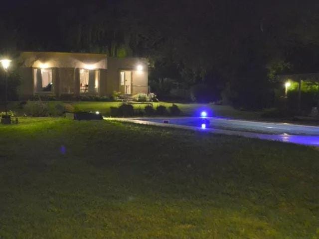 Property building, Night, Natural landscape, Garden, Garden view, Pool view, Swimming pool