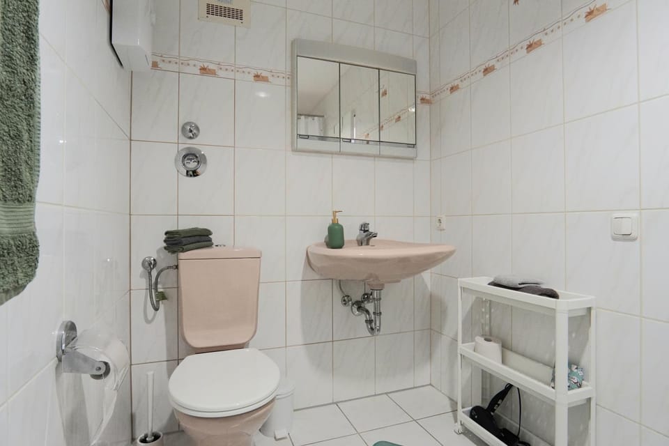 Toilet, Bathroom, Bath, hair dryier, towels, washing machine