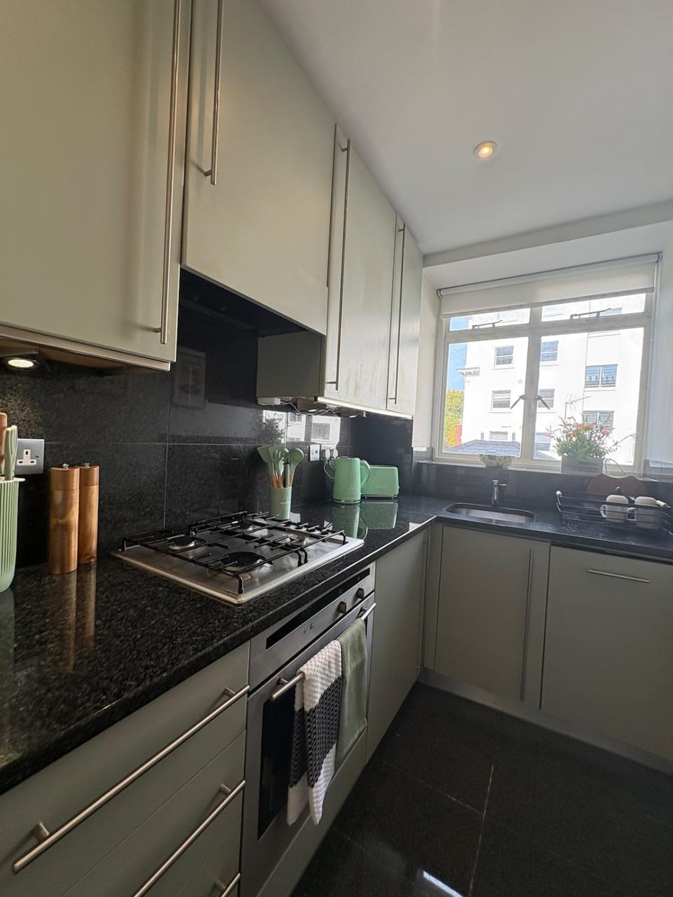 Kitchen or kitchenette, dishwasher, stove, toaster