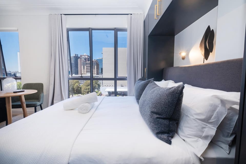 Bed, City view