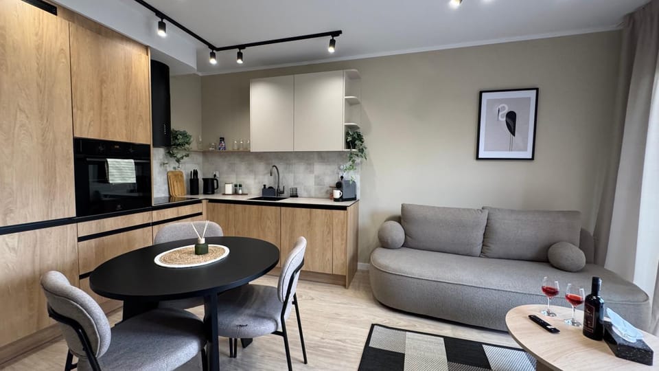 Kitchen or kitchenette, Living room, Seating area, Dining area, stove