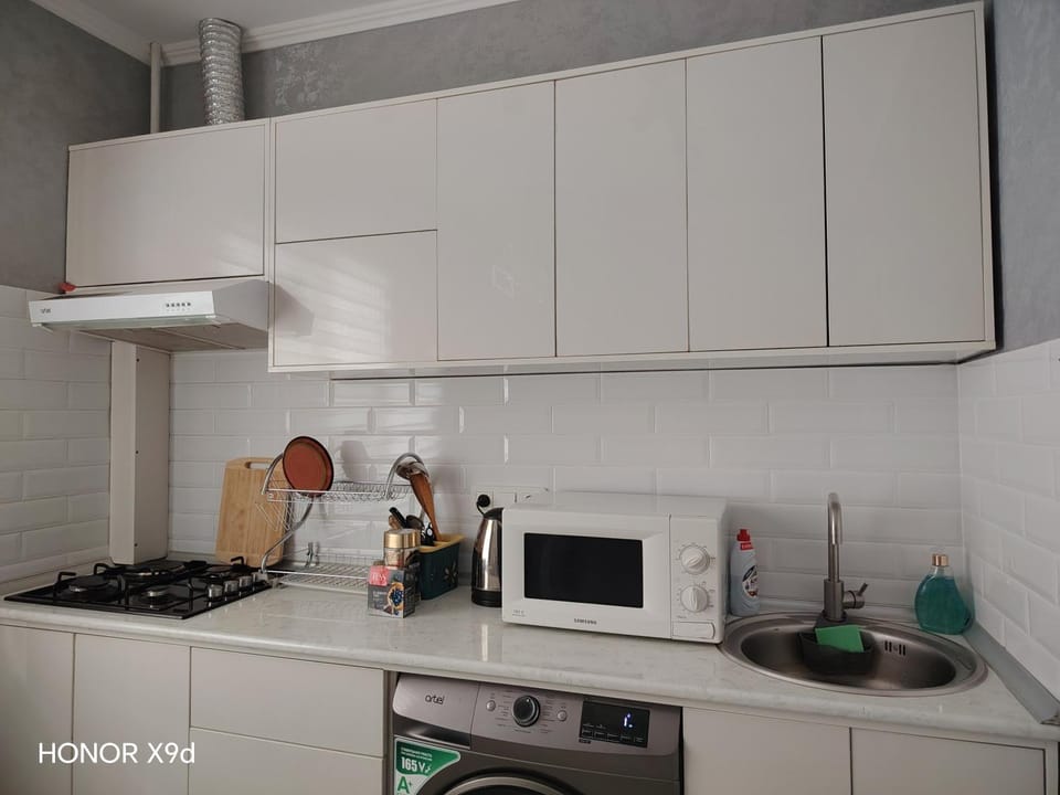 Kitchen or kitchenette, microwave, stove