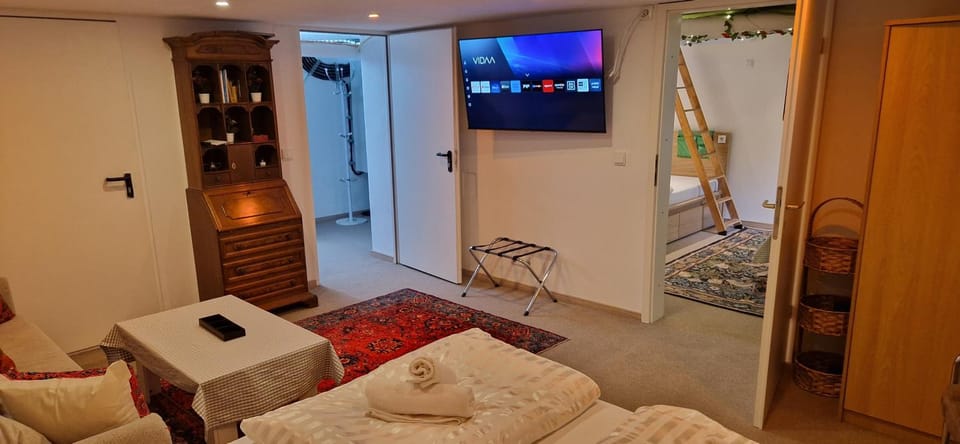 Communal lounge/ TV room, Bed, TV and multimedia, Living room, Photo of the whole room, Seating area, Evening entertainment, Bedroom, towels, wardrobe