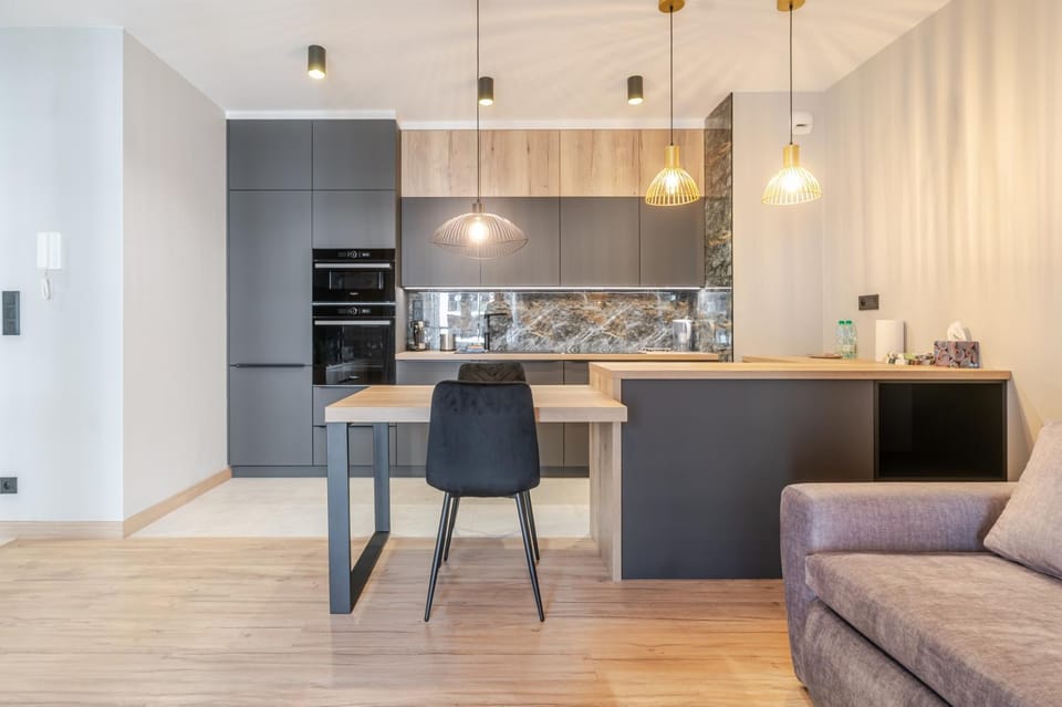 Kitchen or kitchenette, Living room, Seating area, Dining area, stove