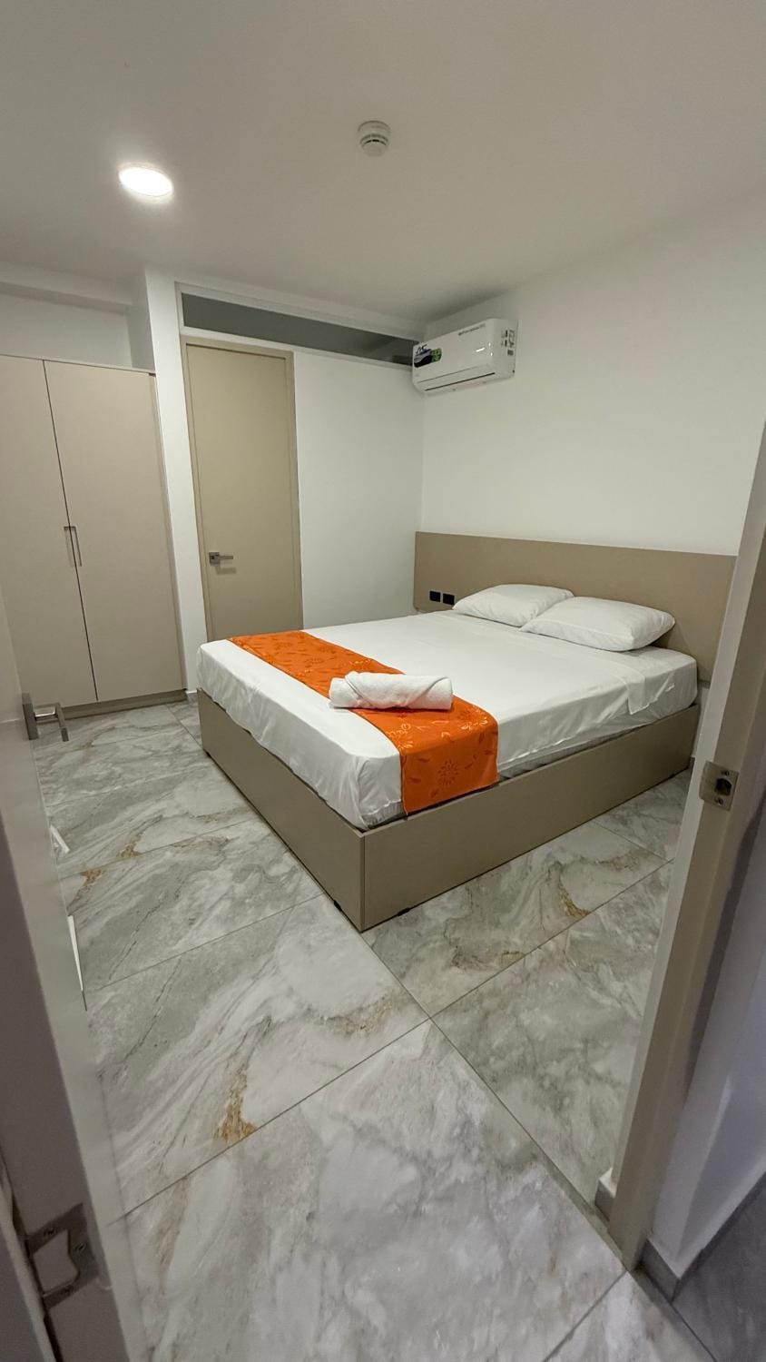 Bed, Photo of the whole room, Bedroom, towels, wardrobe, air conditioner
