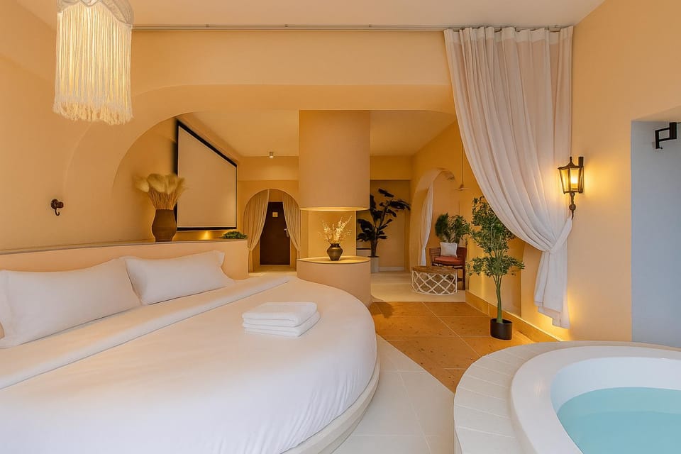 Bed, Hot Tub, Bathroom, Photo of the whole room, Seating area, Bedroom, On site, Bath, towels