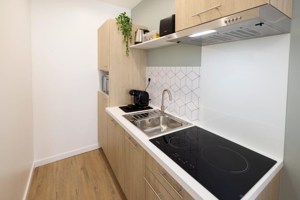 Kitchen or kitchenette, stove