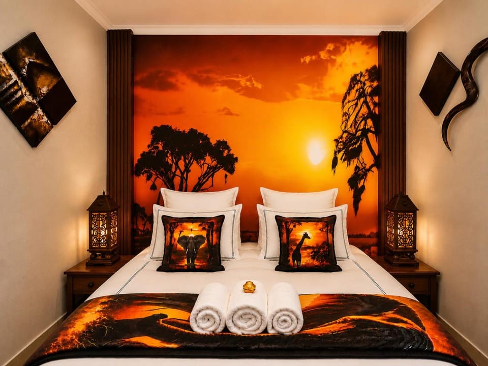Bed, Photo of the whole room, Decorative detail, Bedroom, towels