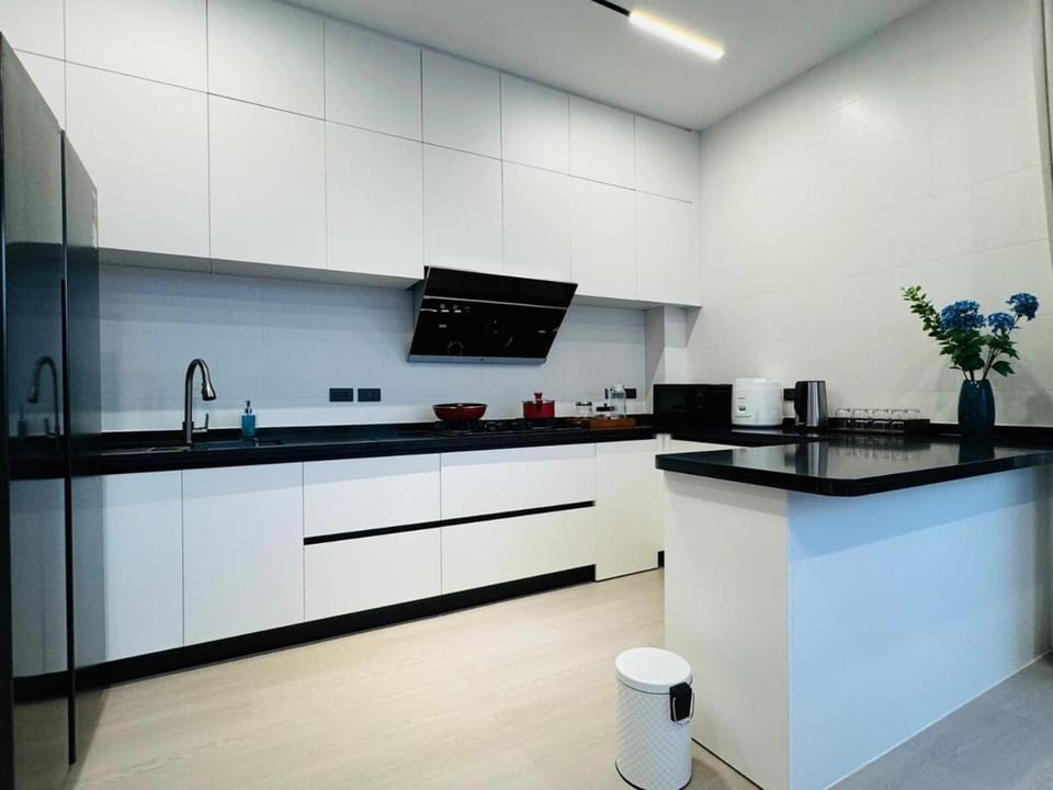 Kitchen or kitchenette, stove